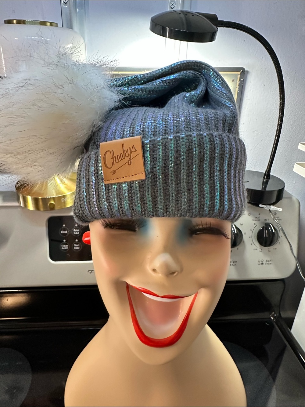 Cheekys multi chrome metallic Ribbed Pom Beanie with Faux Fur Pom